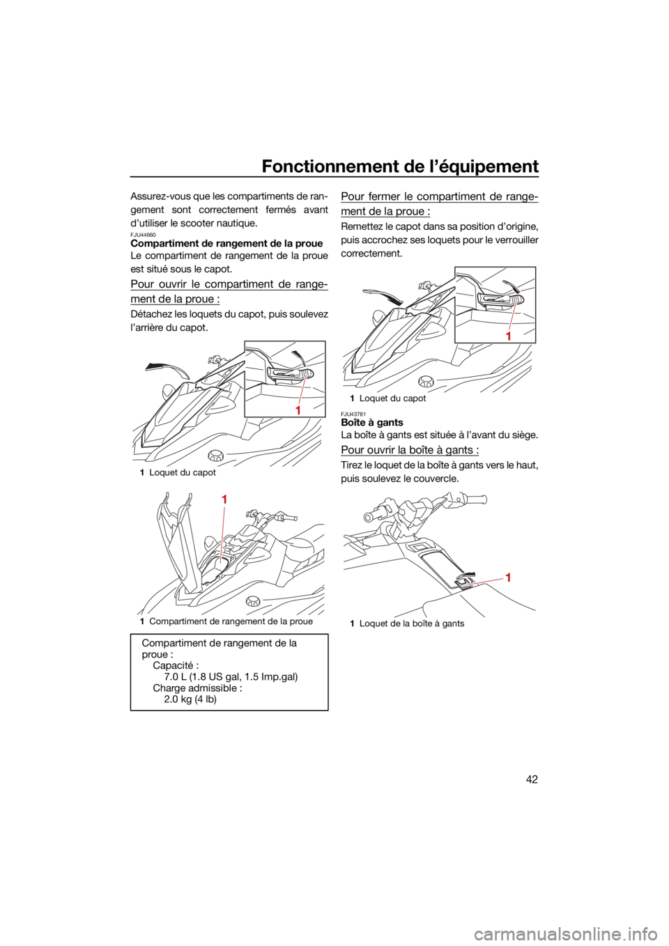 YAMAHA JETBLASTER 2022 Notices Demploi (in French) Fonctionnement de l’équipement
42
Assurez-vous que les compartiments de ran-
gement sont correctement fermés avant
d’utiliser le scooter nautique.
FJU44660Compartiment de rangement de la proue
L YAMAHA JETBLASTER 2022 Notices Demploi (in French) Fonctionnement de l’équipement
42
Assurez-vous que les compartiments de ran-
gement sont correctement fermés avant
d’utiliser le scooter nautique.
FJU44660Compartiment de rangement de la proue
L