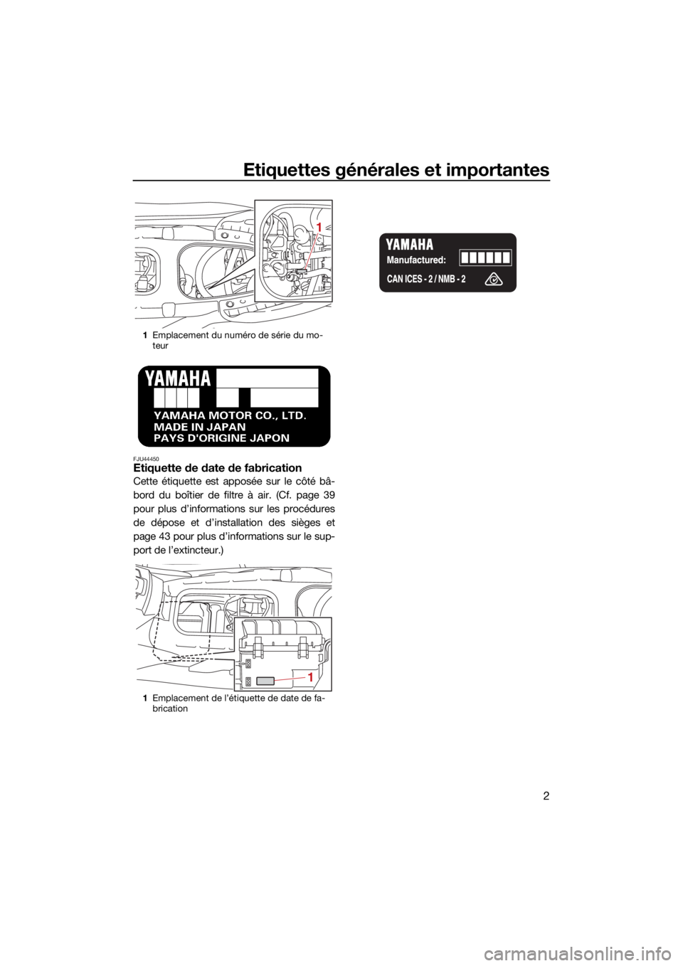 YAMAHA JETBLASTER 2022  Notices Demploi (in French) Etiquettes générales et importantes
2
FJU44450Etiquette de date de fabrication
Cette étiquette est apposée sur le côté bâ-
bord du boîtier de filtre à air. (Cf. page 39
pour plus d’informat