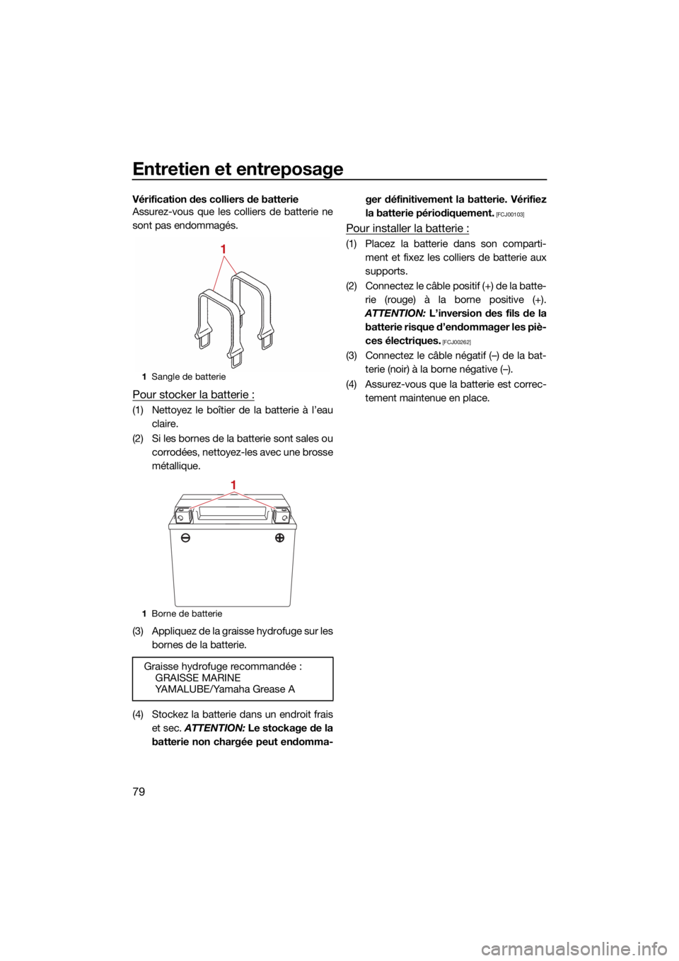 YAMAHA JETBLASTER 2022 Notices Demploi (in French) Entretien et entreposage
79
Vérification des colliers de batterie
Assurez-vous que les colliers de batterie ne
sont pas endommagés.
Pour stocker la batterie :
(1) Nettoyez le boîtier de la batterie YAMAHA JETBLASTER 2022 Notices Demploi (in French) Entretien et entreposage
79
Vérification des colliers de batterie
Assurez-vous que les colliers de batterie ne
sont pas endommagés.
Pour stocker la batterie :
(1) Nettoyez le boîtier de la batterie