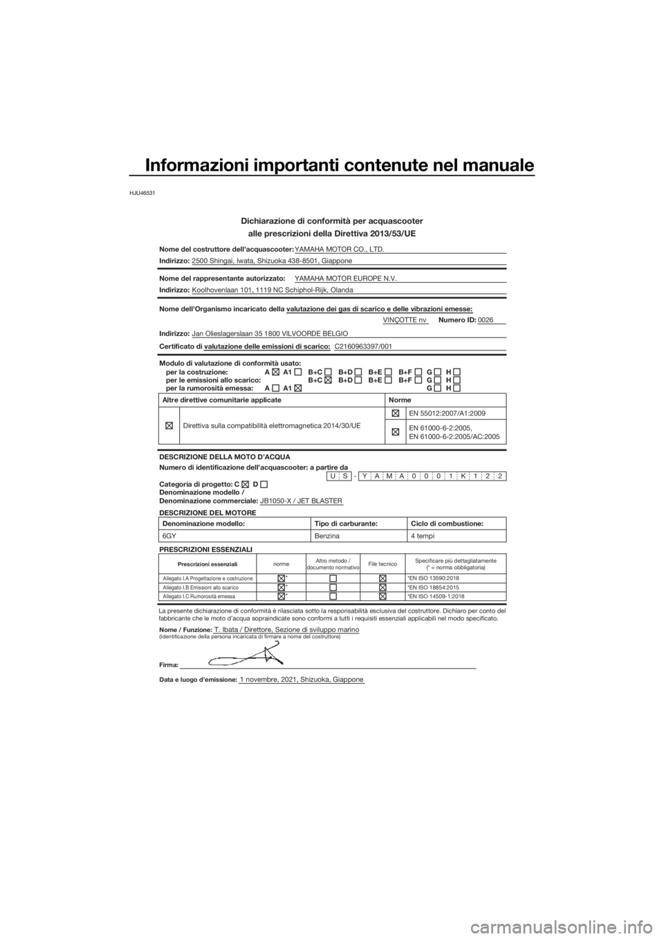 YAMAHA JETBLASTER 2022  Manuale duso (in Italian) Informazioni importanti contenute nel manuale
HJU46531
Dichiarazione di conformità per acquascooteralle prescrizioni della Direttiva 2013/53/UE
Nome del costruttore dell’acquascooter: YAMAHA MOTOR 