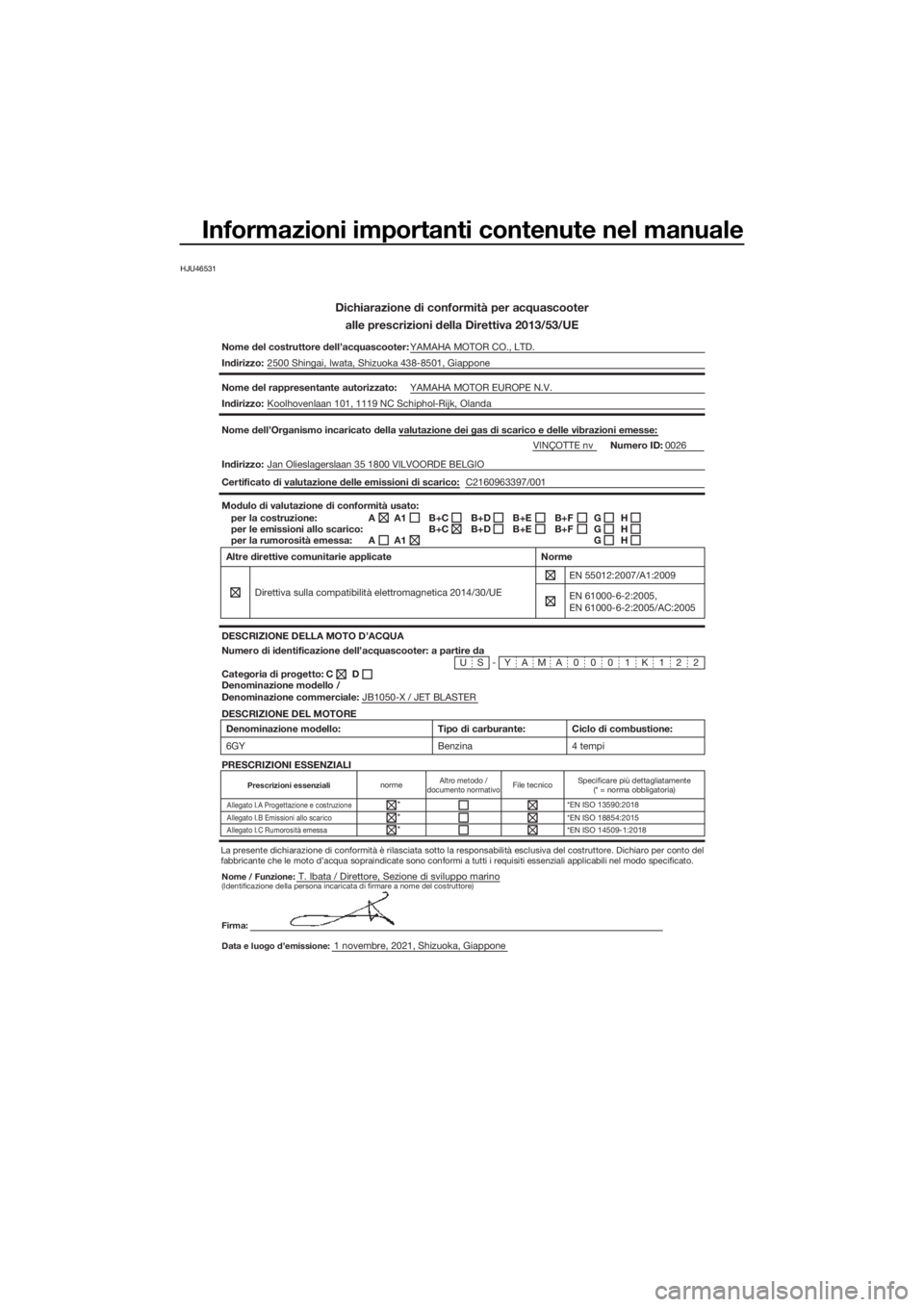 YAMAHA JETBLASTER 2022 Manuale duso (in Italian) Informazioni importanti contenute nel manuale
HJU46531
Dichiarazione di conformità per acquascooteralle prescrizioni della Direttiva 2013/53/UE
Nome del costruttore dell’acquascooter: YAMAHA MOTOR YAMAHA JETBLASTER 2022 Manuale duso (in Italian) Informazioni importanti contenute nel manuale
HJU46531
Dichiarazione di conformità per acquascooteralle prescrizioni della Direttiva 2013/53/UE
Nome del costruttore dell’acquascooter: YAMAHA MOTOR