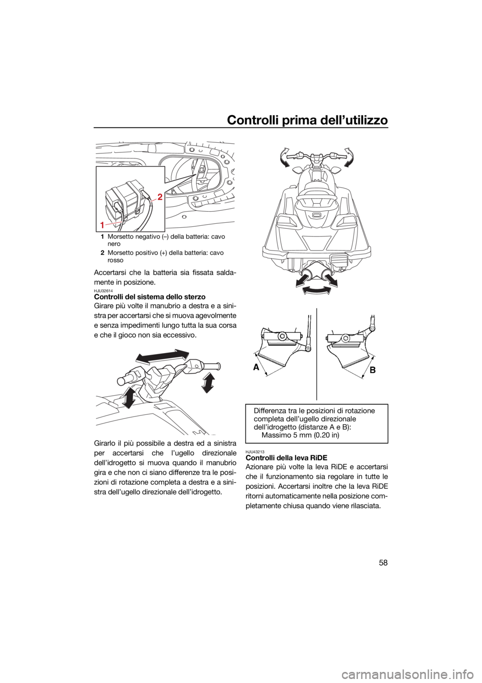 YAMAHA JETBLASTER 2022 Manuale duso (in Italian) Controlli prima dell’utilizzo
58
Accertarsi che la batteria sia fissata salda-
mente in posizione.
HJU32614Controlli del sistema dello sterzo
Girare più volte il manubrio a destra e a sini-
stra pe YAMAHA JETBLASTER 2022 Manuale duso (in Italian) Controlli prima dell’utilizzo
58
Accertarsi che la batteria sia fissata salda-
mente in posizione.
HJU32614Controlli del sistema dello sterzo
Girare più volte il manubrio a destra e a sini-
stra pe