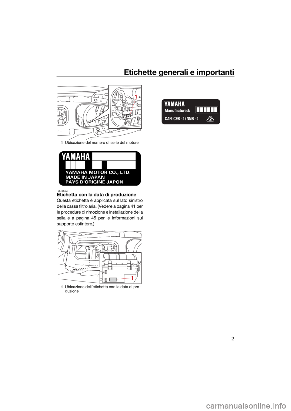 YAMAHA JETBLASTER 2022 Manuale duso (in Italian) Etichette generali e importanti
2
HJU44450Etichetta con la data di produzione
Questa etichetta è applicata sul lato sinistro
della cassa filtro aria. (Vedere a pagina 41 per
le procedure di rimozione YAMAHA JETBLASTER 2022 Manuale duso (in Italian) Etichette generali e importanti
2
HJU44450Etichetta con la data di produzione
Questa etichetta è applicata sul lato sinistro
della cassa filtro aria. (Vedere a pagina 41 per
le procedure di rimozione