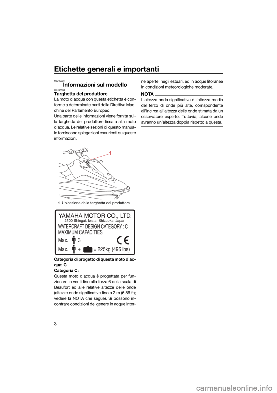 YAMAHA JETBLASTER 2022  Manuale duso (in Italian) Etichette generali e importanti
3
HJU30321
Informazioni sul modelloHJU30333Targhetta del produttore
La moto d’acqua con questa etichetta è con-
forme a determinate parti della Direttiva Mac-
chine 