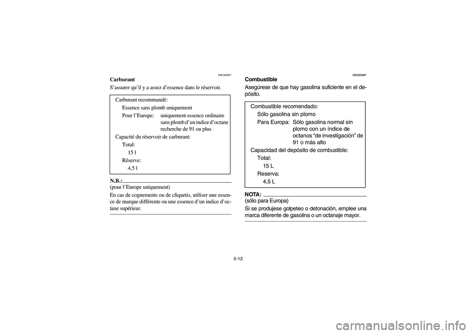 YAMAHA KODIAK 400 2003  Owners Manual 5-12
FBU00998*
Carburant
S’assurer qu’il y a assez d’essence dans le réservoir.N.B.:_ (pour l’Europe uniquement) 
En cas de cognements ou de cliquetis, utiliser une essen-
ce de marque diffé