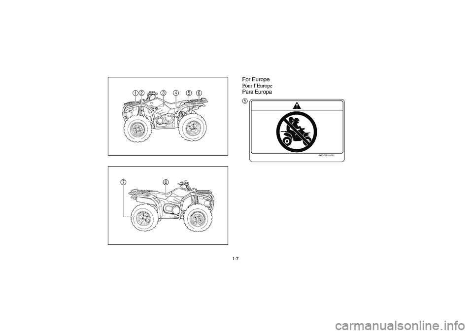 YAMAHA KODIAK 400 2003  Notices Demploi (in French) 1-7
For Europe
Pour l’Europe
Para Europa
4XE-F151H-20
5
U5VH60.book  Page 7  Wednesday, August 7, 2002  12:00 PM 