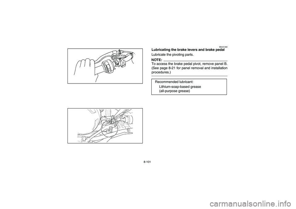 YAMAHA KODIAK 400 2003  Owners Manual 8-101
EBU01260
Lubricating the brake levers and brake pedal
Lubricate the pivoting parts.NOTE:_ To access the brake pedal pivot, remove panel B.
(See page 8-21 for panel removal and installation
proce