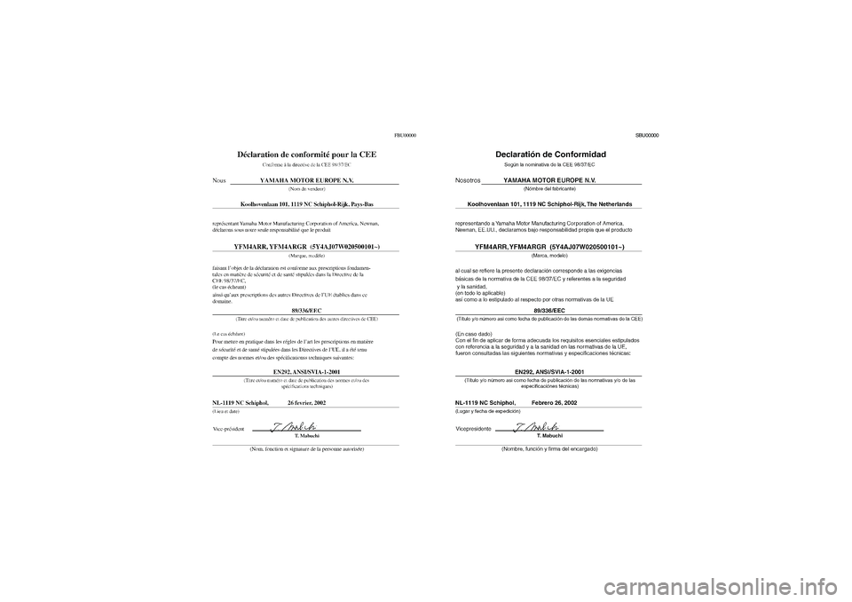 YAMAHA KODIAK 400 2003  Notices Demploi (in French) FBU00000
SBU00000
U5VH60.book  Page 3  Wednesday, August 7, 2002  12:00 PM 