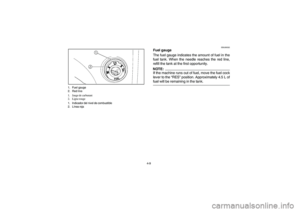 YAMAHA KODIAK 400 2003 Manual PDF 4-9 1. Fuel gauge
2. Red line
1. Jauge de carburant
2. Ligne rouge
1. Indicador del nivel de combustible
2. Línea roja
EBU00052
Fuel gauge
The fuel gauge indicates the amount of fuel in the
fuel tan YAMAHA KODIAK 400 2003 Manual PDF 4-9 1. Fuel gauge
2. Red line
1. Jauge de carburant
2. Ligne rouge
1. Indicador del nivel de combustible
2. Línea roja
EBU00052
Fuel gauge
The fuel gauge indicates the amount of fuel in the
fuel tan