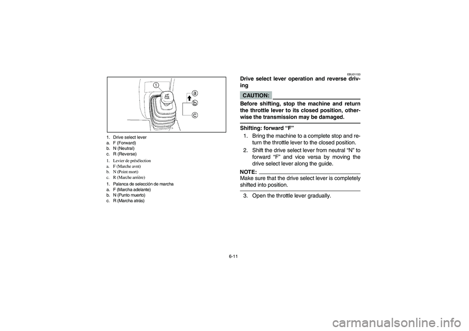 YAMAHA KODIAK 400 2003  Manuale de Empleo (in Spanish) 6-11 1. Drive select lever
a. F (Forward)
b. N (Neutral)
c. R (Reverse)
1. Levier de présélection
a. F (Marche avnt)
b. N (Point mort)
c. R (Marche arrière)
1. Palanca de selección de marcha
a. F 