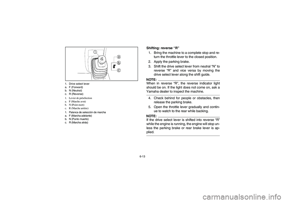 YAMAHA KODIAK 400 2003  Manuale de Empleo (in Spanish) 6-13 1. Drive select lever
a. F (Forward)
b. N (Neutral)
c. R (Reverse)
1. Levier de présélection
a. F (Marche avnt)
b. N (Point mort)
c. R (Marche arrière)
1. Palanca de selección de marcha
a. F 