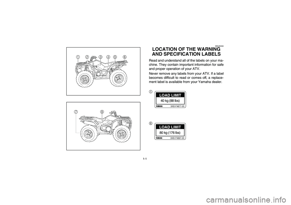 YAMAHA KODIAK 400 2003  Manuale de Empleo (in Spanish) 1-1
EBU00464
LOCATION OF THE WARNING 
AND SPECIFICATION LABELSRead and understand all of the labels on your ma-
chine. They contain important information for safe
and proper operation of your ATV.
Nev