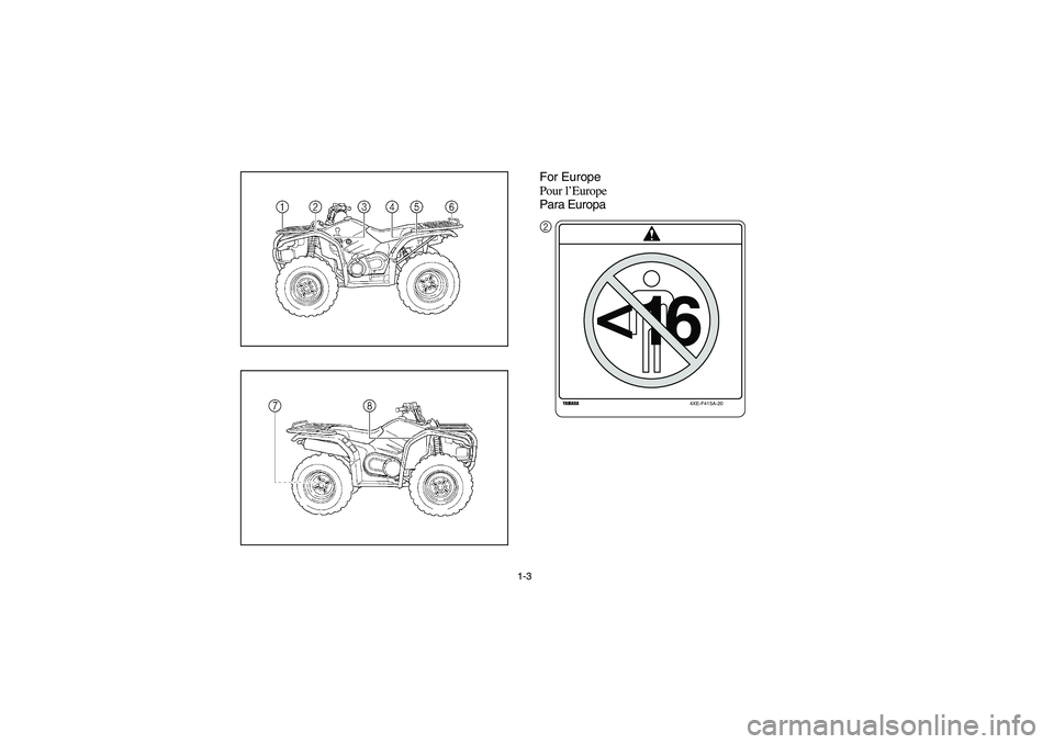 YAMAHA KODIAK 400 2003  Manuale de Empleo (in Spanish) 1-3
For Europe
Pour l’Europe
Para Europa
4XE-F415A-20
<
16
2
U5TE60.book  Page 3  Monday, June 10, 2002  8:47 AM 