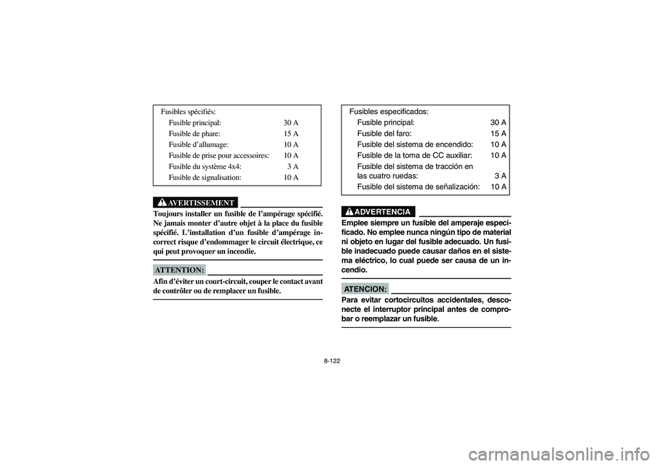 YAMAHA KODIAK 400 2003  Manuale de Empleo (in Spanish) 8-122
AVERTISSEMENT
_ Toujours installer un fusible de l’ampérage spécifié.
Ne jamais monter d’autre objet à la place du fusible
spécifié. L’installation d’un fusible d’ampérage in-
c