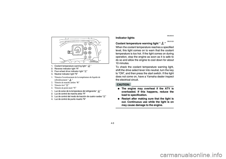 YAMAHA KODIAK 400 2003 Manuale de Empleo (in Spanish) 4-3 1. Coolant temperature warning light “”
2. Reverse indicator light “R”
3. Four-wheel drive indicator light “”
4. Neutral indicator light “N”
1. Témoin d’avertissement de la temp YAMAHA KODIAK 400 2003 Manuale de Empleo (in Spanish) 4-3 1. Coolant temperature warning light “”
2. Reverse indicator light “R”
3. Four-wheel drive indicator light “”
4. Neutral indicator light “N”
1. Témoin d’avertissement de la temp