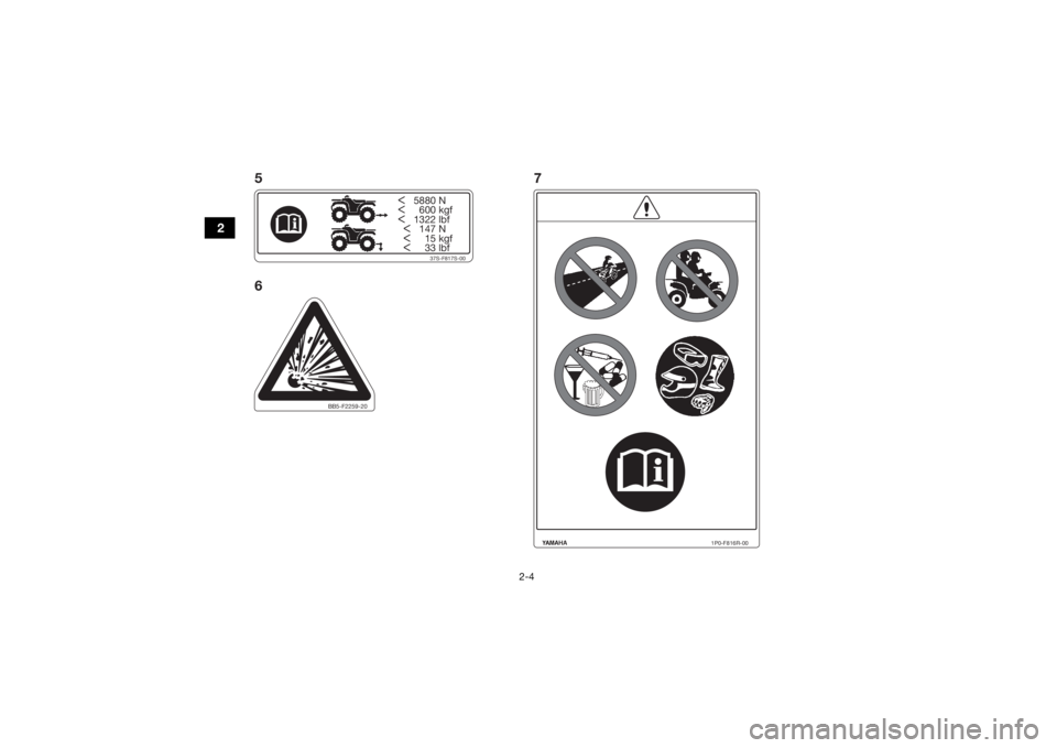 YAMAHA KODIAK 450 2022  Manuale de Empleo (in Spanish) 2-4
2
<   5880 N<     600 kgf<   1322 lbf
  <   147 N
  <     15 kgf
  <     33 lbf
37S-F817S-00
1P0-F816R-00
BB5-F2259-20
7
5
6
UBHT60S0.book  Page 4  Wednesday, August 4, 2021  8:47 AM 