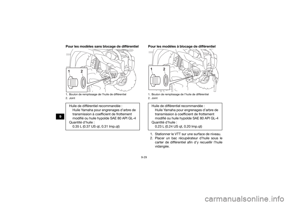 YAMAHA KODIAK 450 2022  Notices Demploi (in French) 9-29
9Pour les modèles sans blocage de différentiel Pour les modèles à blocage de différentiel
1. Stationner le VTT sur une surface de niveau.
2. Placer un bac récupérateur d’huile sous lecar