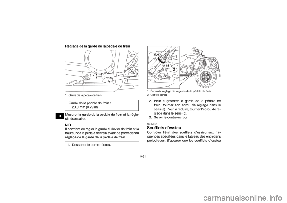 YAMAHA KODIAK 450 2022 Notices Demploi (in French) 9-51
9Réglage de la garde de la pédale de frein
Mesurer la garde de la pédale de frein et la régler
si nécessaire.
N.B.Il convient de régler la garde du levier de frein et la
hauteur de la péda YAMAHA KODIAK 450 2022 Notices Demploi (in French) 9-51
9Réglage de la garde de la pédale de frein
Mesurer la garde de la pédale de frein et la régler
si nécessaire.
N.B.Il convient de régler la garde du levier de frein et la
hauteur de la péda