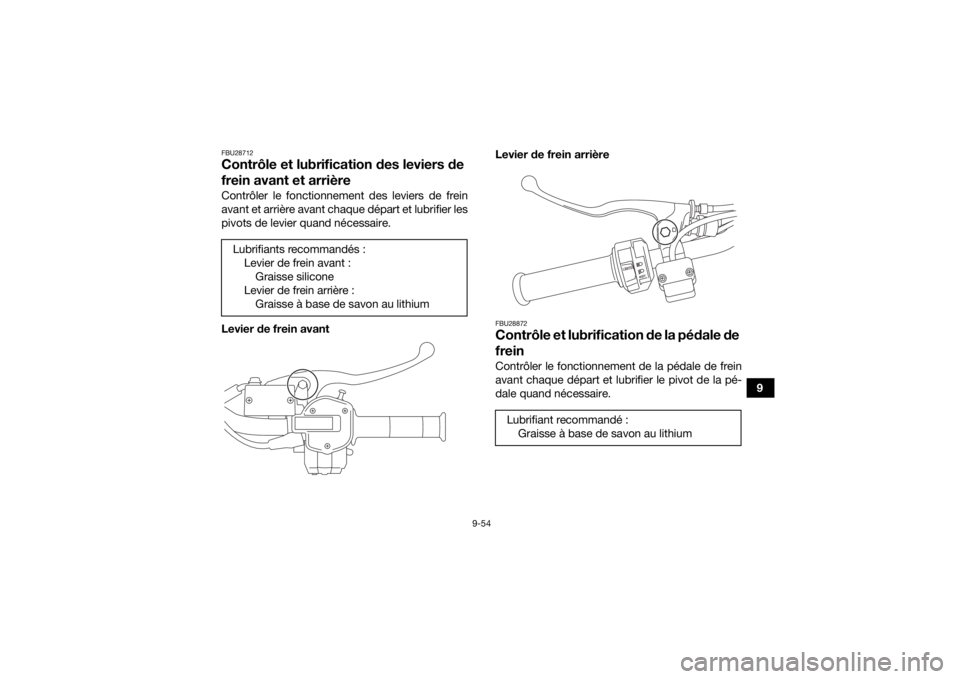 YAMAHA KODIAK 450 2022  Notices Demploi (in French) 9-54
9
FBU28712Contrôle et lubrification des leviers de 
frein avant et arrièreContrôler le fonctionnement des leviers de frein
avant et arrière avant chaque départ et lubrifier les
pivots de lev