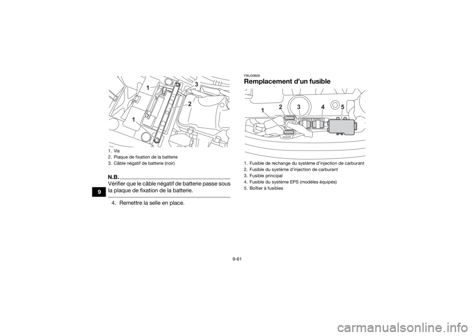 YAMAHA KODIAK 450 2022  Notices Demploi (in French) 9-61
9
N.B.Vérifier que le câble négatif de batterie passe sous
la plaque de fixation de la batterie. 4. Remettre la selle en place.
FBU30806Remplacement d’un fusible
1. Vis
2. Plaque de fixation