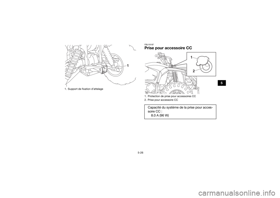 YAMAHA KODIAK 450 2022 Notices Demploi (in French) 5-26
5
FBU19187Prise pour accessoire CC
1. Support de fixation d’attelage
1
1. Protection de prise pour accessoires CC
2. Prise pour accessoire CCCapacit YAMAHA KODIAK 450 2022 Notices Demploi (in French) 5-26
5
FBU19187Prise pour accessoire CC
1. Support de fixation d’attelage
1
1. Protection de prise pour accessoires CC
2. Prise pour accessoire CCCapacit