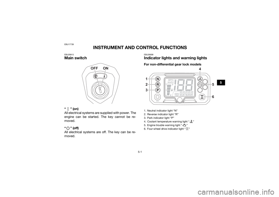 YAMAHA KODIAK 450 2021 Owners Manual 5-1
5
EBU17739
INSTRUMENT AND CONTROL FUNCTIONS
EBU29913Main switch“” (on)
All electrical systems are supplied with power. The
engine can be started. The key cannot be re-
moved.
“ ” (off)
All