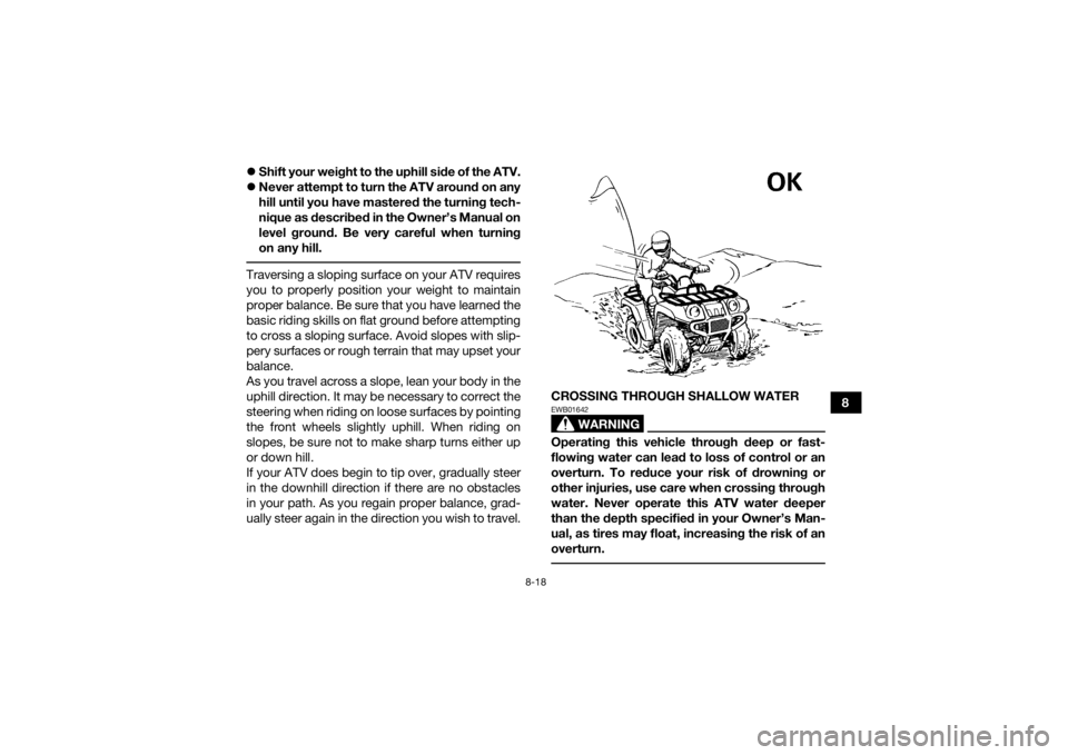 YAMAHA KODIAK 450 2021  Owners Manual 8-18
8

Shift your weight to the uphill side of the ATV.
 Never attempt to turn the ATV around on any
hill until you have mastered the turning tech-
nique as described in the Owner’s Manual on