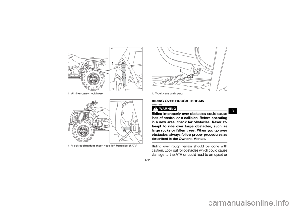 YAMAHA KODIAK 450 2021  Owners Manual 8-20
8
RIDING OVER ROUGH TERRAIN
WARNING
EWB01652Riding improperly over obstacles could cause
loss of control or a collision. Before operating
in a new area, check for obstacles. Never at-
tempt to ri