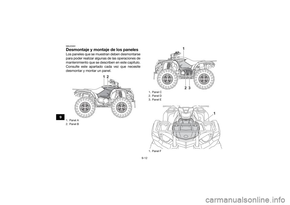 YAMAHA KODIAK 450 2021  Manuale de Empleo (in Spanish) 9-12
9
SBU23091Desmontaje y montaje de los panelesLos paneles que se muestran deben desmontarse
para poder realizar algunas de las operaciones de
mantenimiento que se describen en este capítulo.
Cons