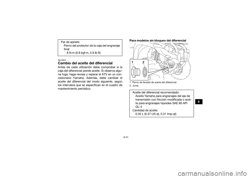 YAMAHA KODIAK 450 2021  Manuale de Empleo (in Spanish) 9-31
9
SBU38831Cambio del aceite del diferencialAntes de cada utilización debe comprobar si la
caja del diferencial pierde aceite. Si observa algu-
na fuga, haga revisar y reparar el ATV en un con-
c