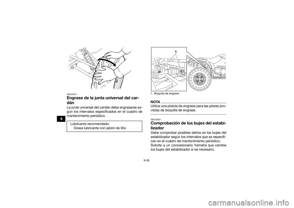 YAMAHA KODIAK 450 2021 Manuale de Empleo (in Spanish) 9-58
9
SBU24974Engrase de la junta universal del car-
dánLa junta universal del cardán debe engrasarse se-
gún los intervalos especificados en el cuadro de
mantenimiento periódico.
NOTAUtilice una YAMAHA KODIAK 450 2021 Manuale de Empleo (in Spanish) 9-58
9
SBU24974Engrase de la junta universal del car-
dánLa junta universal del cardán debe engrasarse se-
gún los intervalos especificados en el cuadro de
mantenimiento periódico.
NOTAUtilice una