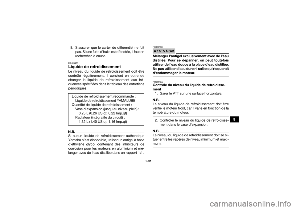 YAMAHA KODIAK 450 2021  Notices Demploi (in French) 9-31
9
8. S’assurer que le carter de différentiel ne fuit
pas. Si une fuite d’huile est détectée, il faut en
rechercher la cause.
FBU23473Liquide de refroidissementLe niveau du liquide de refro