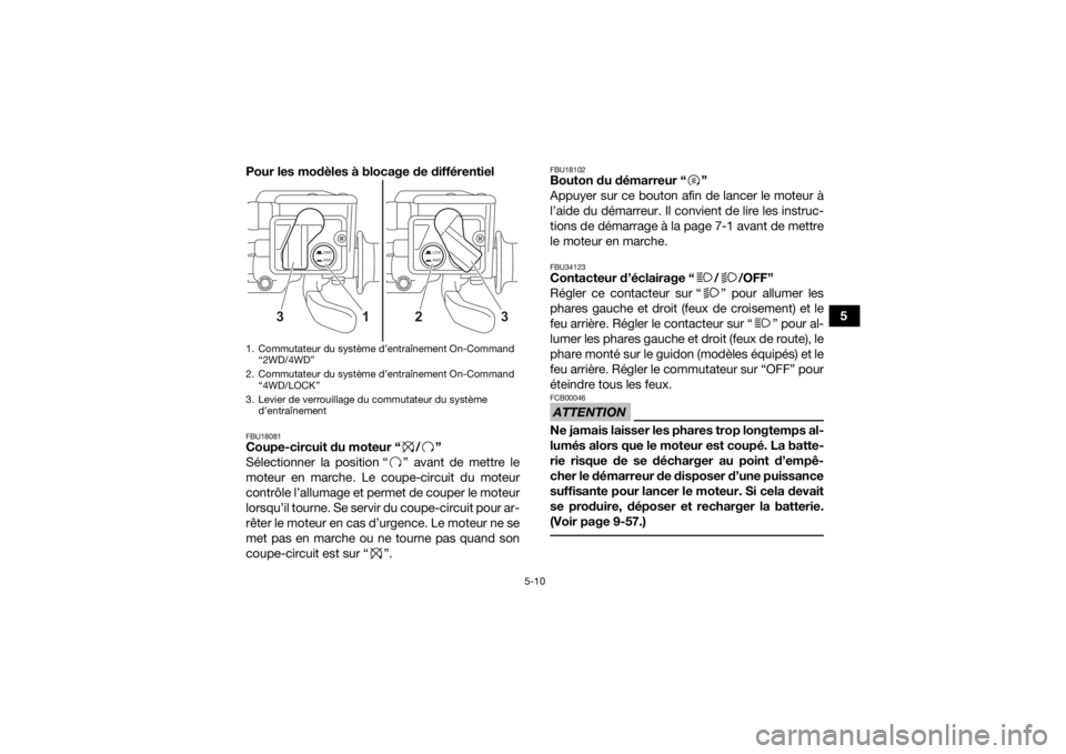 YAMAHA KODIAK 450 2021  Notices Demploi (in French) 5-10
5
Pour les modèles à blocage de différentiel
FBU18081Coupe-circuit du moteur “ / ”
Sélectionner la position “ ” avant de mettre le
moteur en marche. Le coupe-circuit du moteur
contrô