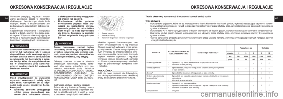 YAMAHA KODIAK 450 2021  Instrukcja obsługi (in Polish) 6465Okresowe  przeglądy,  regulacje  i smaro-wanie  zachowają  pojazd  w najbardziej efektywnym  i bezpiecznym  stanie  tech-nicznym.  Troska  o  bezpieczeństwo  jest podstawowym  obowiązkiem  dob