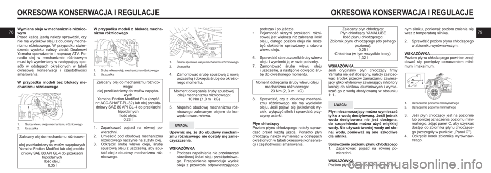 YAMAHA KODIAK 450 2021  Instrukcja obsługi (in Polish) 7879Wymiana oleju w mechanizmie różnico-wymPrzed  każdą  jazdą  należy  sprawdzić,  czy nie ma wycieków oleju z  obudowy mecha-nizmu  różnicowego.  W przypadku  stwier-dzenia  wycieku  nale�