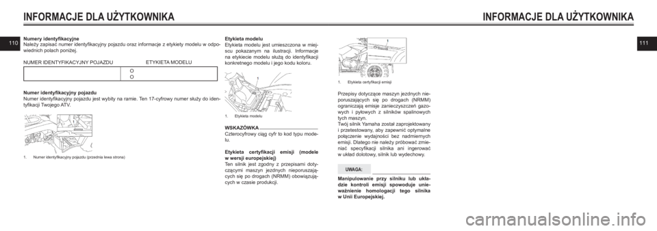 YAMAHA KODIAK 450 2021 Instrukcja obsługi (in Polish) 110111
INFORMACJE DLA UŻYTKOWNIKA
Numery identyfikacyjneNależy zapisać numer identyfikacyjny pojazdu oraz informacje z etykiety modelu w odpo-
wiednich polach poniżej.
NUMER IDENTYFIKACYJNY POJAZ YAMAHA KODIAK 450 2021 Instrukcja obsługi (in Polish) 110111
INFORMACJE DLA UŻYTKOWNIKA
Numery identyfikacyjneNależy zapisać numer identyfikacyjny pojazdu oraz informacje z etykiety modelu w odpo-
wiednich polach poniżej.
NUMER IDENTYFIKACYJNY POJAZ