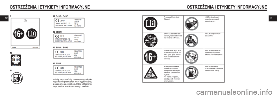 YAMAHA KODIAK 450 2021  Instrukcja obsługi (in Polish) 1213
OSTRZEŻENIA I ETYKIETY INFORMACYJNEOSTRZEŻENIA I ETYKIETY INFORMACYJNE
9
 
10     
    
11  
 
12 BJ5D / BJ5E     
 
12 BB5M
12 B5R1 / B5R3
12 B5R2 
Należy zapoznać się z  następującymi pi