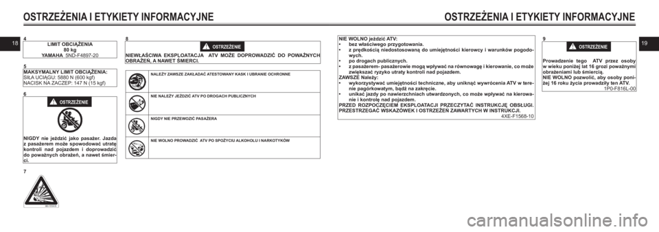 YAMAHA KODIAK 450 2021  Instrukcja obsługi (in Polish) 1819
OSTRZEŻENIA I ETYKIETY INFORMACYJNEOSTRZEŻENIA I ETYKIETY INFORMACYJNE
4LIMIT OBCIĄŻENIA80 kgYAMAHA  5ND-F4897-20
5MAKSYMALNY LIMIT OBCIĄŻENIA:SIŁA UCIĄGU: 5880 N (600 kgf)NACISK NA ZACZE