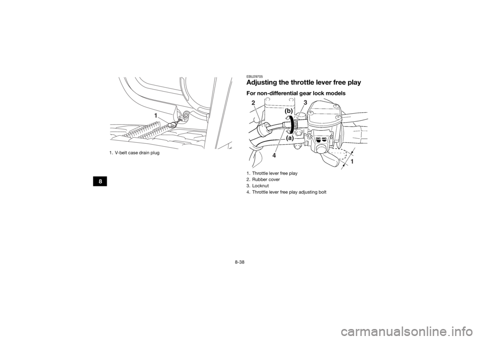 YAMAHA KODIAK 450 2020  Owners Manual 8-38
8
EBU29705Adjusting the throttle lever free playFor non-differential gear lock models
1. V-belt case drain plug
1
1. Throttle lever free play
2. Rubber cover
3. Locknut
4. Throttle lever free pla