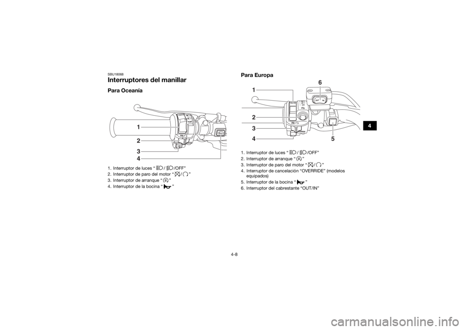 YAMAHA KODIAK 450 2020 Manuale de Empleo (in Spanish) 4-8
4
SBU18068Interruptores del manillarPara OceaníaPara Europa1. Interruptor de luces “ / /OFF”
2. Interruptor de paro del motor “ / ”
3. Interruptor de arranque “ ”
4. Interruptor de la YAMAHA KODIAK 450 2020 Manuale de Empleo (in Spanish) 4-8
4
SBU18068Interruptores del manillarPara OceaníaPara Europa1. Interruptor de luces “ / /OFF”
2. Interruptor de paro del motor “ / ”
3. Interruptor de arranque “ ”
4. Interruptor de la