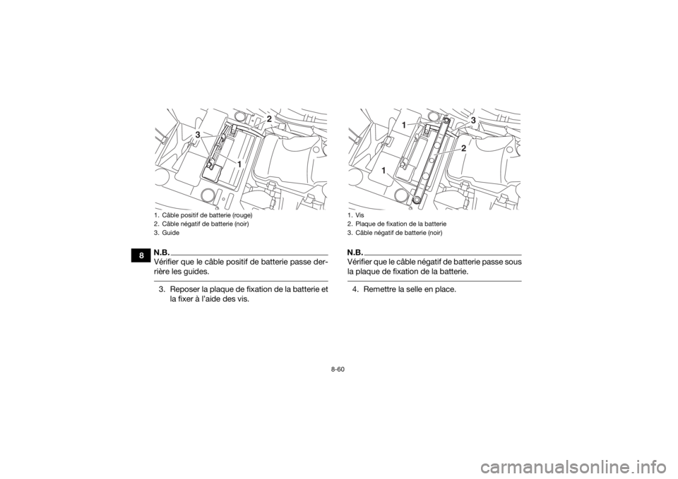 YAMAHA KODIAK 450 2020 Notices Demploi (in French) 8-60
8
N.B.Vérifier que le câble positif de batterie passe der-
rière les guides. 3. Reposer la plaque de fixation de la batterie etla fixer à l’aide des vis.
N.B.Vérifier que le câble négati YAMAHA KODIAK 450 2020 Notices Demploi (in French) 8-60
8
N.B.Vérifier que le câble positif de batterie passe der-
rière les guides. 3. Reposer la plaque de fixation de la batterie etla fixer à l’aide des vis.
N.B.Vérifier que le câble négati