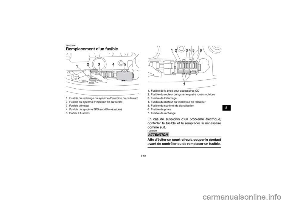 YAMAHA KODIAK 450 2020 Notices Demploi (in French) 8-61
8
FBU30806Remplacement d’un fusible
En cas de suspicion d’un problème électrique,
contrôler le fusible et le remplacer si nécessaire
comme suit.ATTENTIONFCB00641Afin d’éviter un court- YAMAHA KODIAK 450 2020 Notices Demploi (in French) 8-61
8
FBU30806Remplacement d’un fusible
En cas de suspicion d’un problème électrique,
contrôler le fusible et le remplacer si nécessaire
comme suit.ATTENTIONFCB00641Afin d’éviter un court-