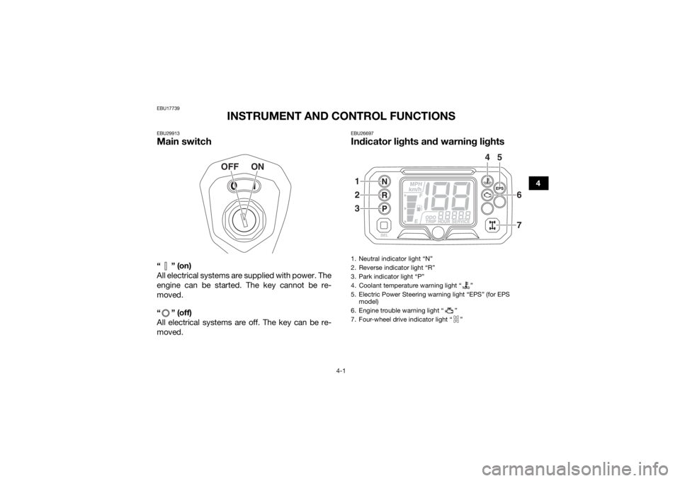 YAMAHA KODIAK 450 2019 Owners Guide 4-1
4
EBU17739
INSTRUMENT AND CONTROL FUNCTIONS
EBU29913Main switch“” (on)
All electrical systems are supplied with power. The
engine can be started. The key cannot be re-
moved.
“ ” (off)
All YAMAHA KODIAK 450 2019 Owners Guide 4-1
4
EBU17739
INSTRUMENT AND CONTROL FUNCTIONS
EBU29913Main switch“” (on)
All electrical systems are supplied with power. The
engine can be started. The key cannot be re-
moved.
“ ” (off)
All