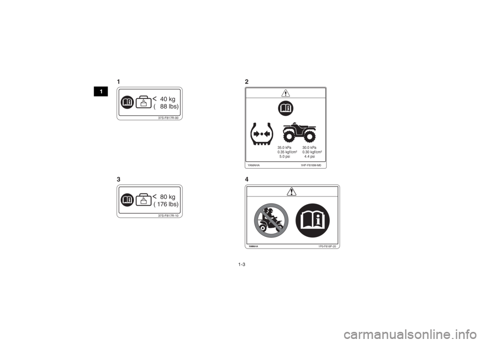 YAMAHA KODIAK 450 2018 Manuale de Empleo (in Spanish) 1-3
1
37S-F817R-00< 40 kg
( 88 lbs)37S-F817R-10< 80 kg
( 176 lbs)
35.0 kPa
0.35 kgf/cm²
5.0 psi 30.0 kPa
0.30 kgf/cm²
4.4 psi
1HP-F816M-M0
YA M A H A
1P0-F816P-20
12
34
UBB560S0.book Pa YAMAHA KODIAK 450 2018 Manuale de Empleo (in Spanish) 1-3
1
37S-F817R-00< 40 kg
( 88 lbs)37S-F817R-10< 80 kg
( 176 lbs)
35.0 kPa
0.35 kgf/cm²
5.0 psi 30.0 kPa
0.30 kgf/cm²
4.4 psi
1HP-F816M-M0
YA M A H A
1P0-F816P-20
12
34
UBB560S0.book Pa