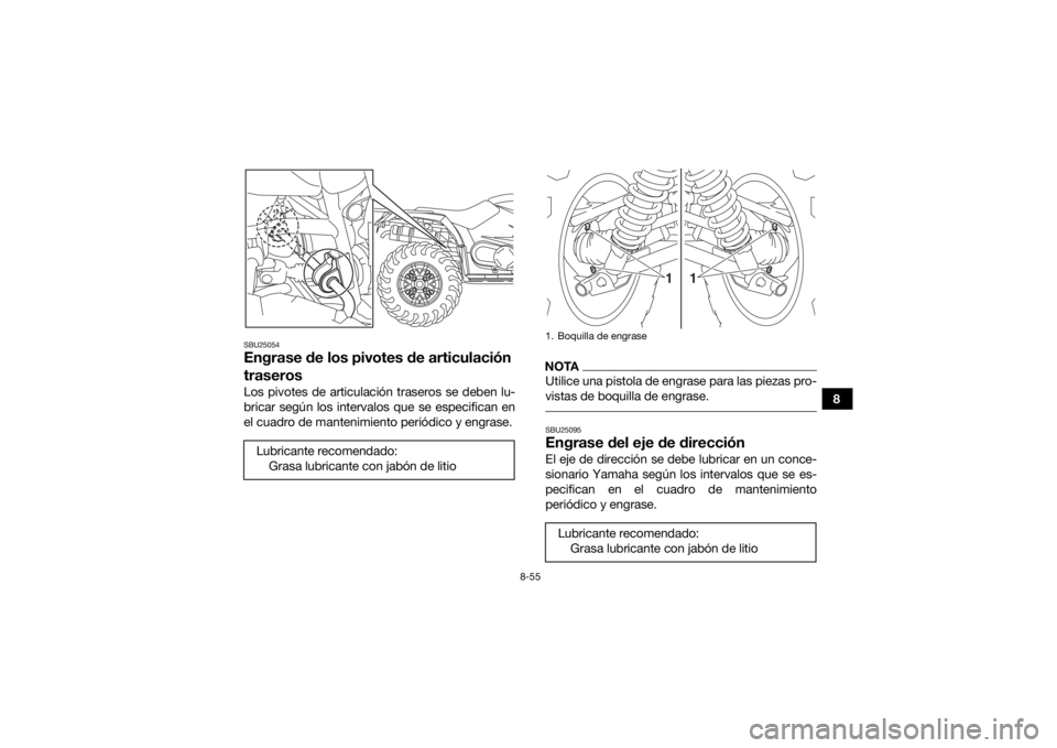 YAMAHA KODIAK 450 2018 Manuale de Empleo (in Spanish) 8-55
8
SBU25054Engrase de los pivotes de articulación
traserosLos pivotes de articulación traseros se deben lu-
bricar según los intervalos que se especifican en
el cuadro de mantenimiento periód YAMAHA KODIAK 450 2018 Manuale de Empleo (in Spanish) 8-55
8
SBU25054Engrase de los pivotes de articulación
traserosLos pivotes de articulación traseros se deben lu-
bricar según los intervalos que se especifican en
el cuadro de mantenimiento periód