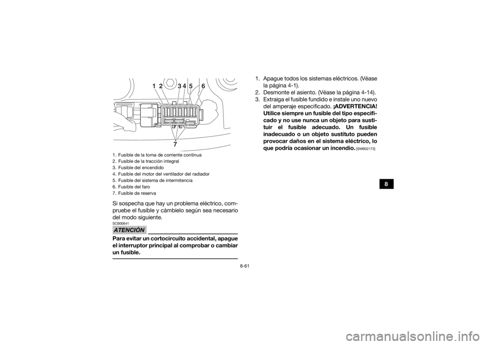 YAMAHA KODIAK 450 2018 Manuale de Empleo (in Spanish) 8-61
8
Si sospecha que hay un problema eléctrico, com-
pruebe el fusible y cámbielo según sea necesario
del modo siguiente.
ATENCIÓNSCB00641Para evitar un cortocircuito accidental, apague
el inter YAMAHA KODIAK 450 2018 Manuale de Empleo (in Spanish) 8-61
8
Si sospecha que hay un problema eléctrico, com-
pruebe el fusible y cámbielo según sea necesario
del modo siguiente.
ATENCIÓNSCB00641Para evitar un cortocircuito accidental, apague
el inter