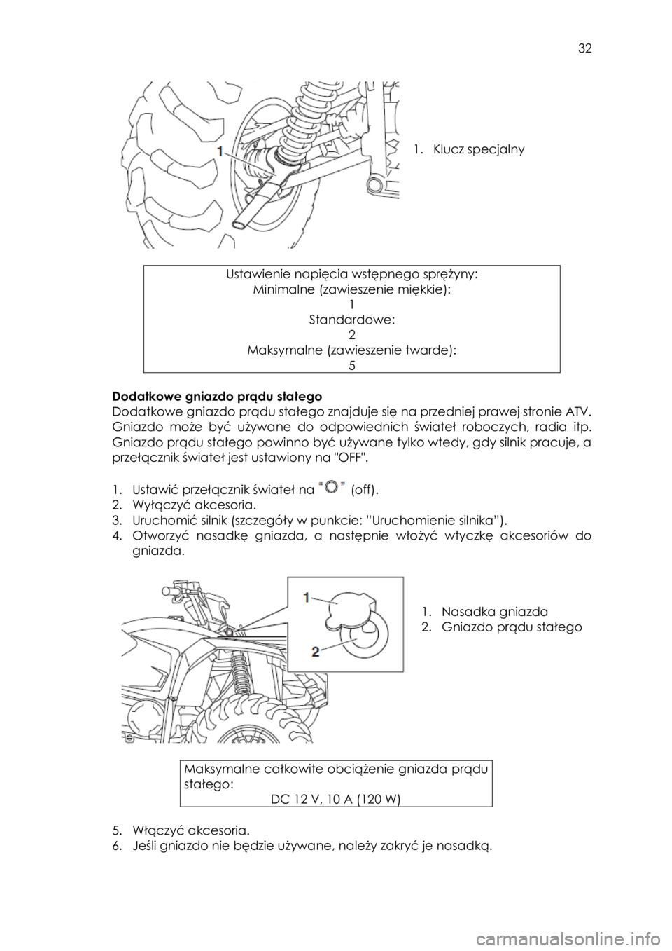 YAMAHA KODIAK 450 2017 Instrukcja obsługi (in Polish) 32
1. Klucz specjalny
Ustawienie napięcia wstępnego sprężyny:
Minimalne (zawieszenie miękkie):
1
Standardowe:
2
Maksymalne (zawieszenie twarde):
5
Dodatkowe gniazdo pr YAMAHA KODIAK 450 2017 Instrukcja obsługi (in Polish) 32
1. Klucz specjalny
Ustawienie napięcia wstępnego sprężyny:
Minimalne (zawieszenie miękkie):
1
Standardowe:
2
Maksymalne (zawieszenie twarde):
5
Dodatkowe gniazdo pr