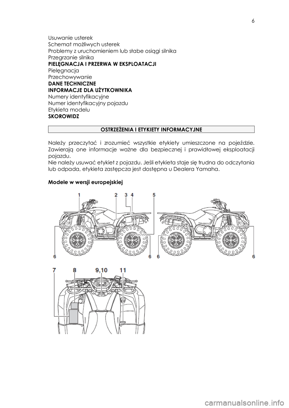 YAMAHA KODIAK 450 2018 Instrukcja obsługi (in Polish) 6
Usuwanie usterek
Schemat możliwych usterek
Problemy z uruchomieniem lub słabe osiągi silnika
Przegrzanie silnika
PIEL YAMAHA KODIAK 450 2018 Instrukcja obsługi (in Polish) 6
Usuwanie usterek
Schemat możliwych usterek
Problemy z uruchomieniem lub słabe osiągi silnika
Przegrzanie silnika
PIEL
