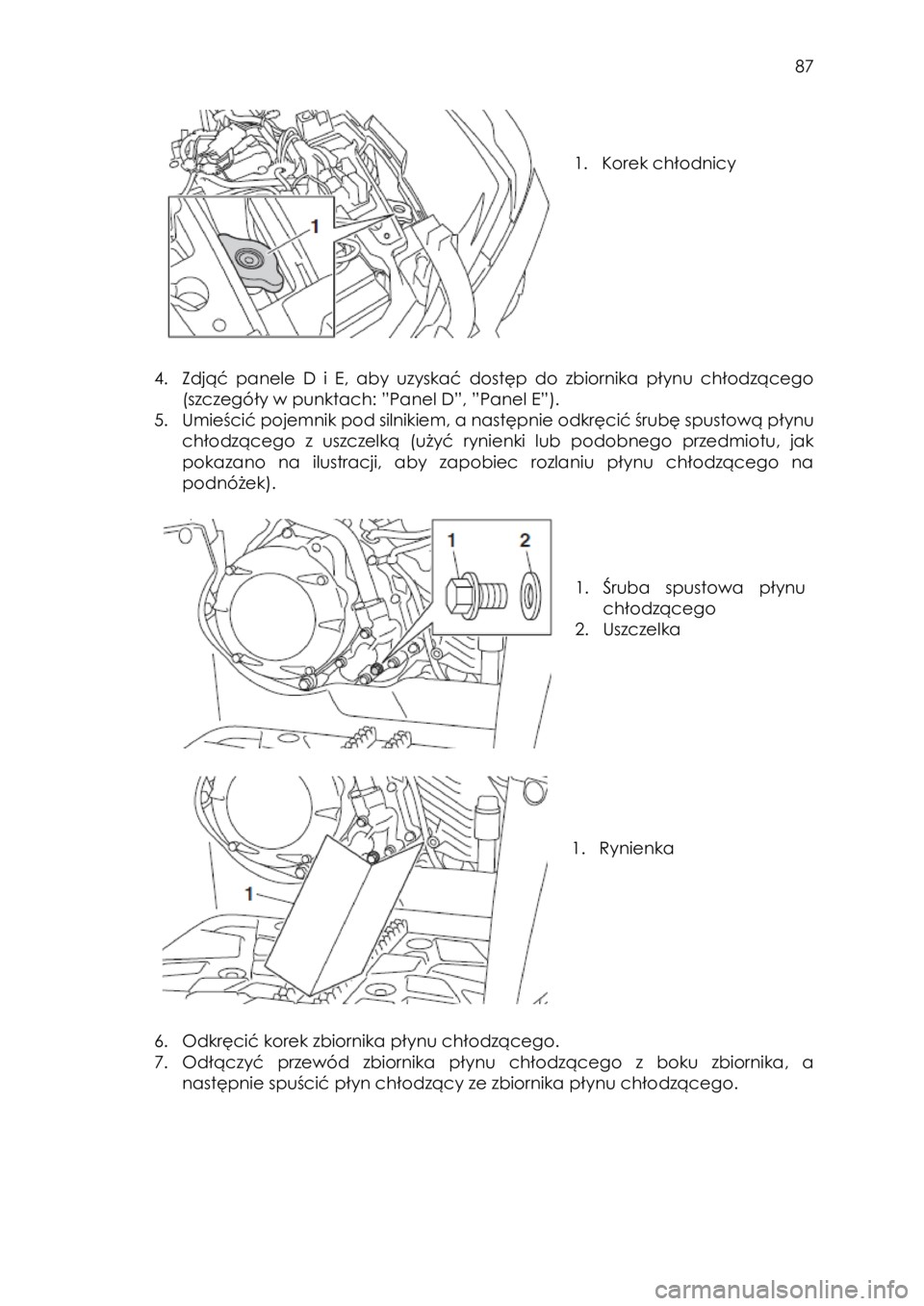 YAMAHA KODIAK 450 2017 Instrukcja obsługi (in Polish) 87
1. Korek chłodnicy
4. Zdjąć panele D i E, aby uzyskać dostęp do zbiornika płynu chłodzącego
(szczegóły w punktach: ”Panel D”, ”Panel E”).
5. Umieścić poj YAMAHA KODIAK 450 2017 Instrukcja obsługi (in Polish) 87
1. Korek chłodnicy
4. Zdjąć panele D i E, aby uzyskać dostęp do zbiornika płynu chłodzącego
(szczegóły w punktach: ”Panel D”, ”Panel E”).
5. Umieścić poj