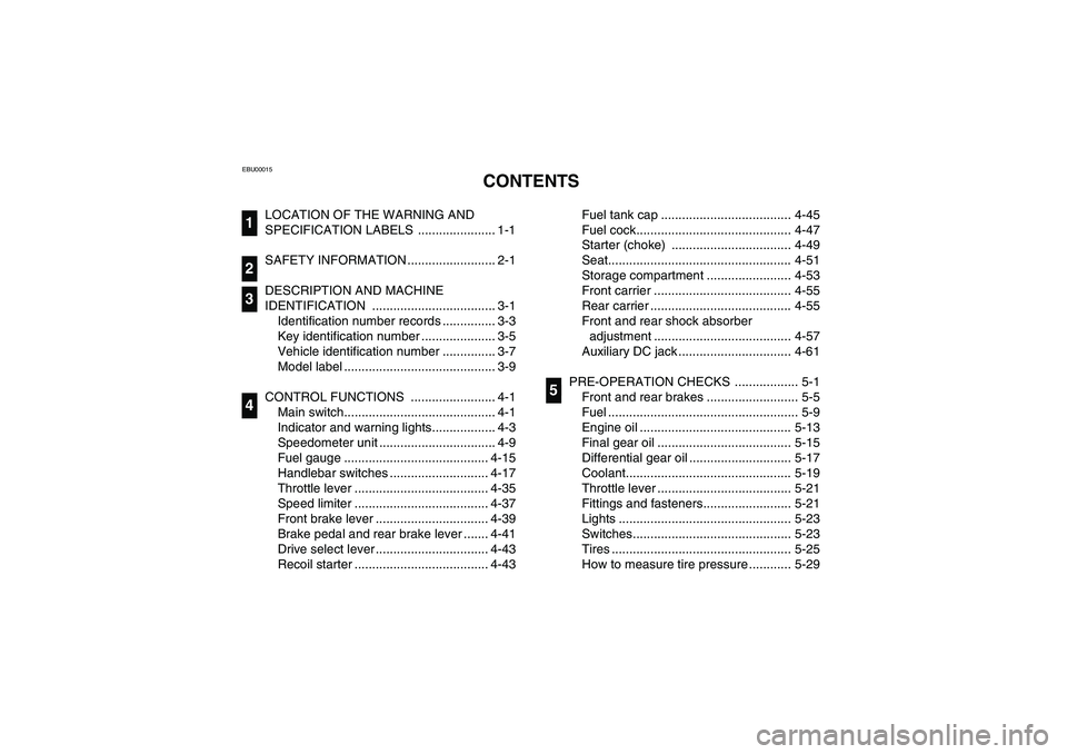 YAMAHA KODIAK 450 2006  Owners Manual EBU00015
1-CONTENTS
LOCATION OF THE WARNING AND 
SPECIFICATION LABELS  ...................... 1-1
SAFETY INFORMATION ......................... 2-1
DESCRIPTION AND MACHINE 
IDENTIFICATION .............